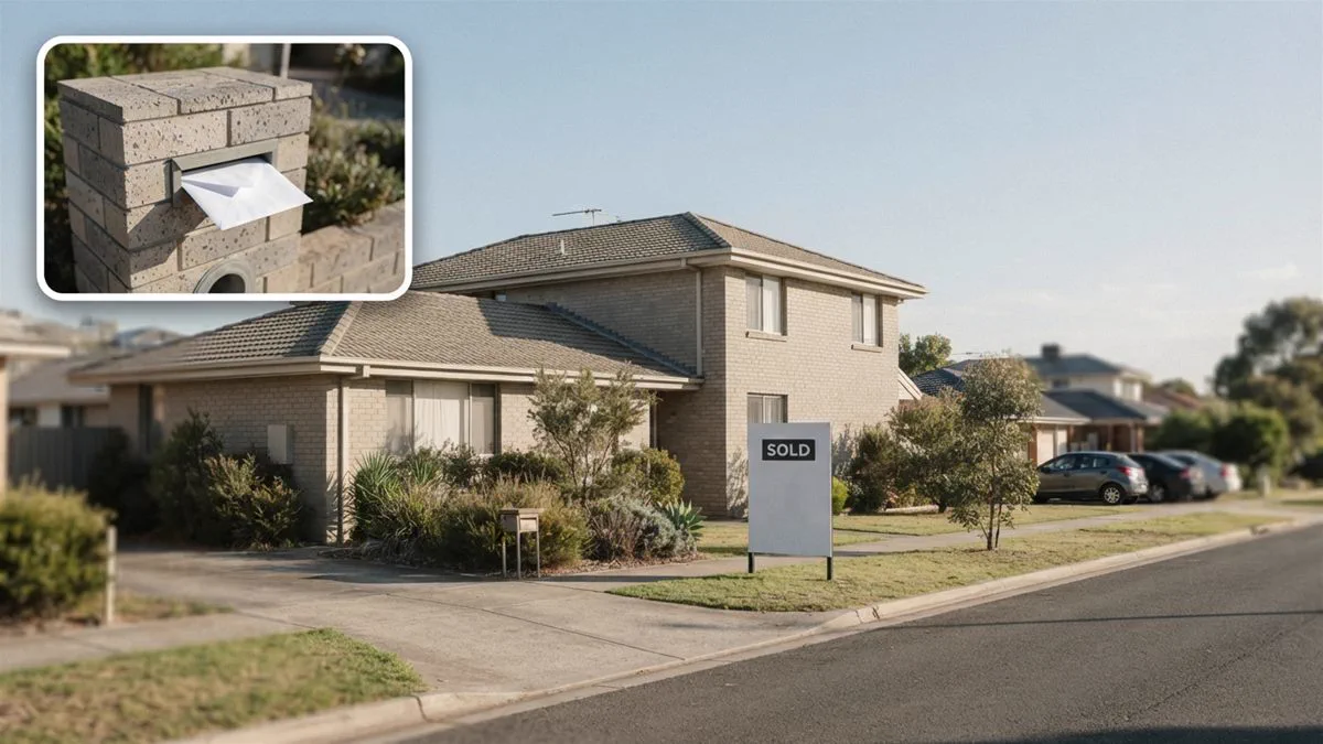 A sold sign outside a suburban brick unit block on a clear morning